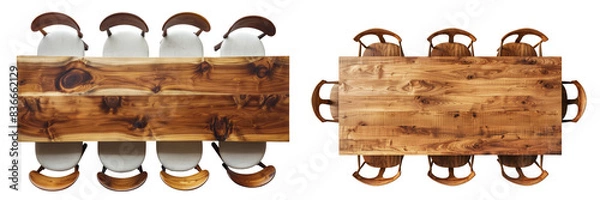 Fototapeta Top View of Wood Dining Table with Chairs Set Isolated on Transparent or White Background, PNG
