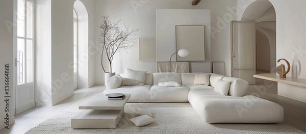 Fototapeta White minimalist living space with a plush cream sofa.