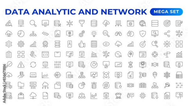 Fototapeta Big data analysis thin line icon set. Data processing outline pictograms for website and mobile app GUI. Digital analytics simple UI, UX vector icons