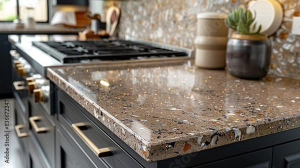Fototapeta Close-up of a granite countertop with shimmering specks and natural variations, providing a high-end feel. Minimal and Simple,