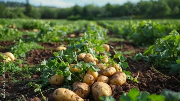 Obraz Organic new potato cultivation in a farmer's field, yielding abundant harvest of tubers.