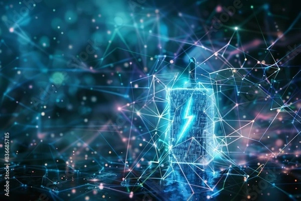 Fototapeta Concept of futuristic alternative energy technology with a digital lithiumion rechargeable battery icon and highvoltage charging symbol