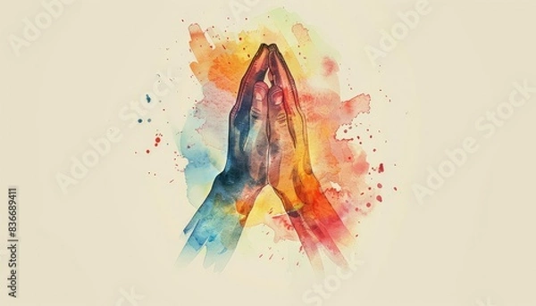 Obraz Colorful watercolor painting of praying hands symbolizing faith, spirituality, and hope. Vibrant splashes on a light background.
