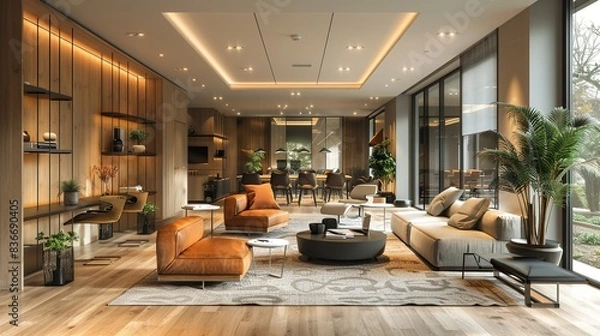 Fototapeta A modern office lounge area with comfortable seating, plants, and a relaxed atmosphere, providing a space for informal meetings and relaxation. Minimal and Simple,