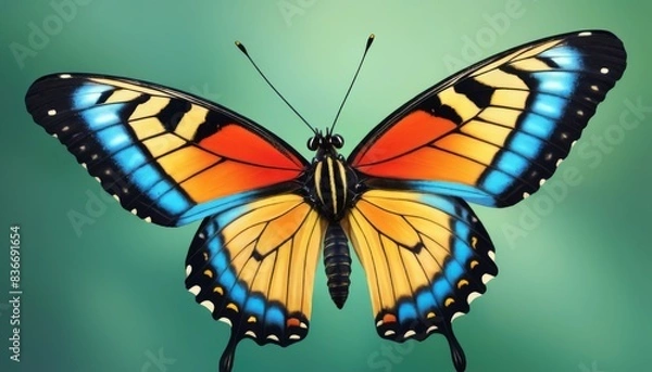 Fototapeta A stunning close-up of a vibrant butterfly showcasing its colorful wings against a soft green background. Perfect for nature projects, educational materials, or decorative designs.. AI Generation