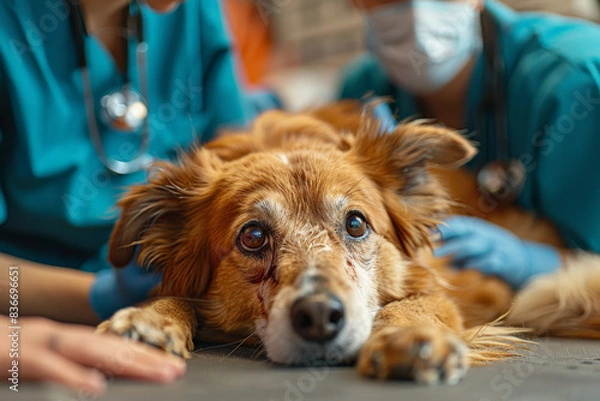 Fototapeta Detailed view of a veterinarian providing emergency vet services, treating an injured dog brought in by worried pet owners. The scene showcases the urgency and compassion involved in emergency