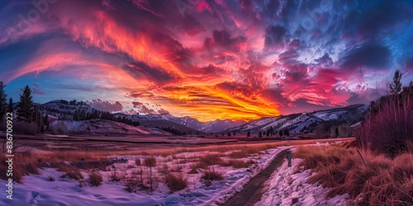 Obraz Colorful Sunset Over a Snowy Landscape | Vibrant Sky and Snow-Covered Fields at Dusk