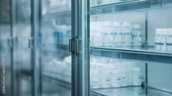 Fototapeta Close-up of a pharmacy's refrigerated vaccines, foggy, no people, muted evening light