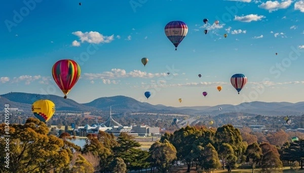 Fototapeta Colorful Hot Air Balloons Take Flight Over Canberra, Australia