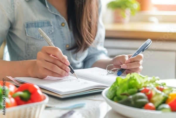 Fototapeta Maintaining Wellbeing Through Healthy Eating: Woman Planning Balanced Diet for Weight Loss and Nutrition Control