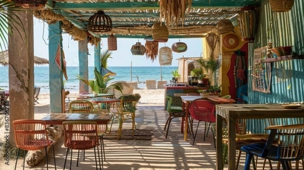 Obraz A beachside cafe using furniture and decor made from recycled ocean plastics generated by AI