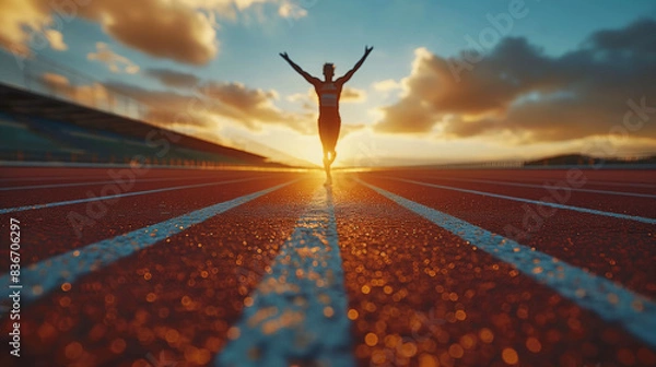 Fototapeta On the race track, a sprinter breaks a world record, crossing the finish line with arms raised in triumph
