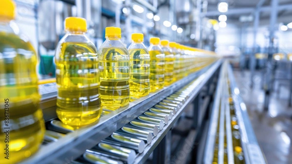 Fototapeta Factory for the production of Sunflower oil in the bottle moving on production line