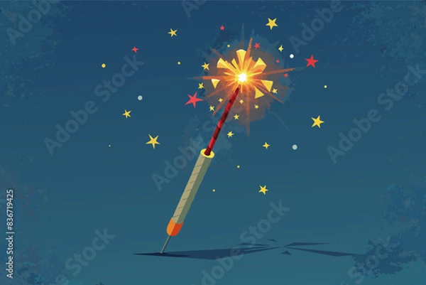 Obraz a sparkler with stars on it, Textured paper background with a single, delicate birthday candle casting a warm glow