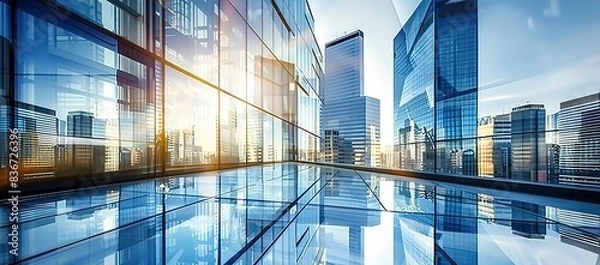 Fototapeta 
Empty modern business office skyscrapers. High-rise buildings in commercial district with blue sky and sunshine. Bright and modern high tech office background