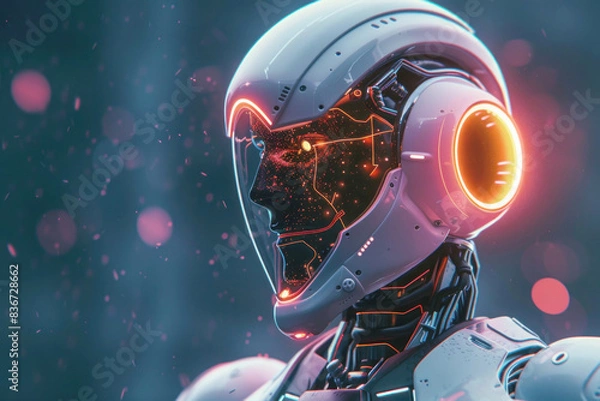 Fototapeta Futuristic Invitation Card with AI Robot and Glowing Elements for High-Tech Events