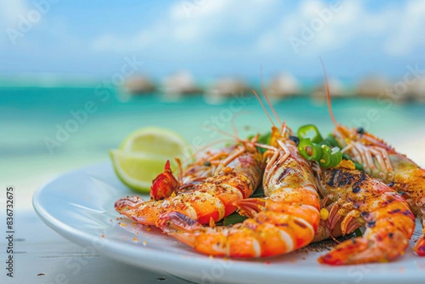 Fototapeta Grilled and Spiced Piri-Piri Prawns on Plate with Bazaruto Archipelago's Pristine Beaches and Turquoise Waters in Background