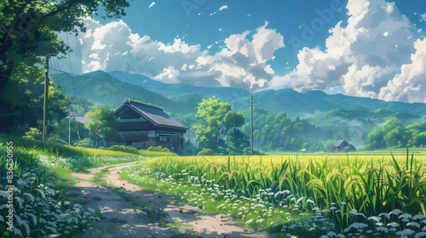 Fototapeta anime lofi style japanese farmer with nature landscape background