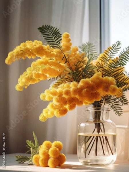 Obraz Radiant ravishing fresh mimosa flowers bouquet in the vase	