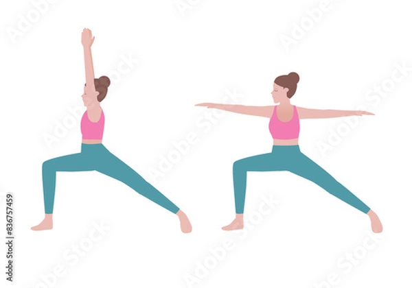 Obraz Yoga Exercises with Warrior 1 and Warrior 2 Poses. Powerful stretch for the legs, groins, and chest - improving stamina, relieving backaches.Sports silhouettes. Fitness and health.
