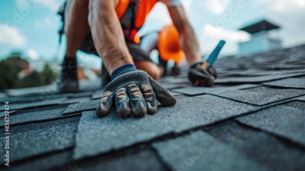 Fototapeta Roofer worker in special protective work wear and gloves, installing asphalt or bitumen shingle on top of the new roof under construction residential building