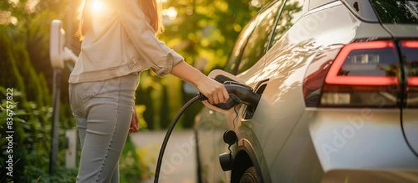 Obraz woman is plugging in electric car into a charging station,Charge EV battery at charging point, Sustainable energy. Electric vehicle infrastructure