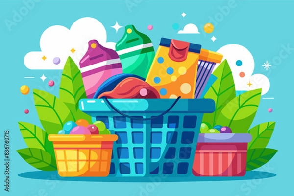 Fototapeta a basket full of toys and other items, a basket full of toys and other items, playful vector Illustration stackcolorful laundry baskets overflowing with freshly washed clothes
