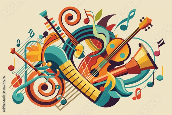 Fototapeta a colorful musical instrument with music notes, musical note with different instruments forming its structure, showcasing the beautymusic