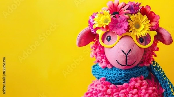 Fototapeta A sheep with rainbow colored hair and sunglasses on its face.  Generative AI