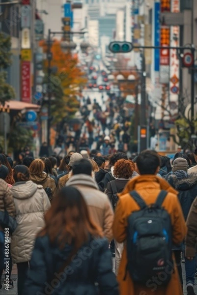 Fototapeta a crowd of people walking on a city street towards work or school