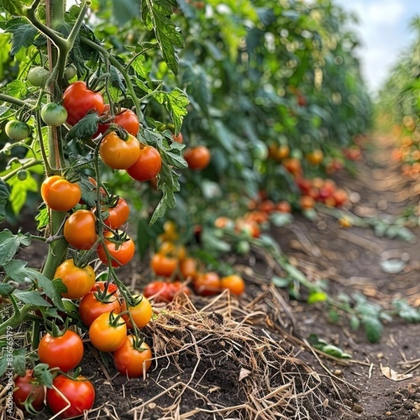 Fototapeta Bountiful Tomato Plants in an Open Field Featuring a Vibrant Mix of Yellow-Orange and Bright Red Fruits with Neatly Bunded Roots and Brown Mulch