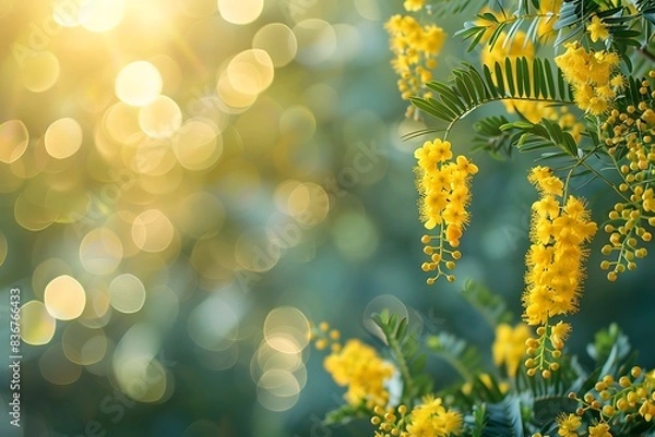 Obraz spring mimosa blossome close shot on soft blurred background with copy space web banner