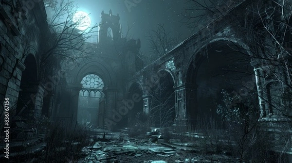 Fototapeta Abandoned castle with walls adorned with alchemical symbols that seem to dance in the light, moonlight casting eerie shadows