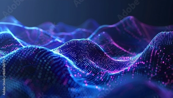 Fototapeta 3D render of an abstract futuristic background with blue and purple glowing dots forming a mountain landscape
