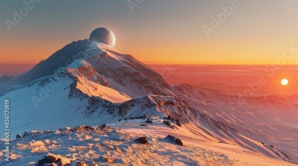 Fototapeta Sunset on a Distant Mountain with a Moon in the Sky