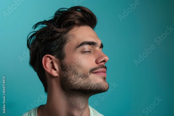 Fototapeta A close up of a man with beard and closed eyes looking to a side