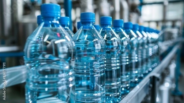 Fototapeta A row of clear plastic water bottles with blue caps moving on an industrial conveyor in a bottling plant.