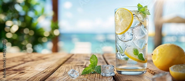 Obraz The image shows a glass of lemonade garnished with a lemon slice and mint leaves on a wooden table. In the background is a blurred summer landscape with the sea and greenery.