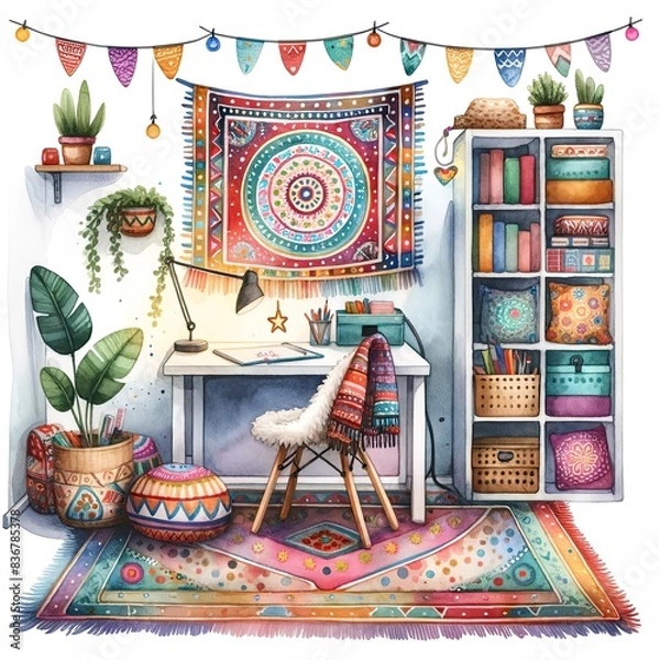 Fototapeta Colorful, cozy home office with bohemian decor, vibrant textiles, indoor plants, and a comfortable chair for creative work.