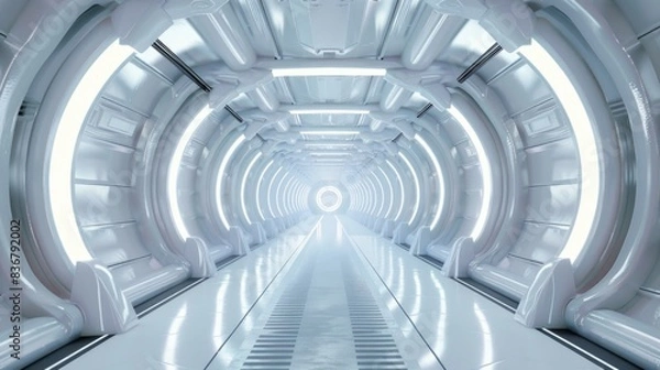 Fototapeta White corridor, tunnel in spaceship or future building