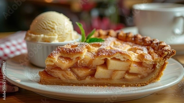 Fototapeta Classic Apple Pie Slice with Vanilla Ice Cream: Gingham Tablecloth Background with Copy Space