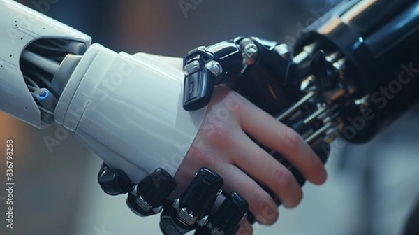 Fototapeta AI generated illustration of a person shaking hands with a robot