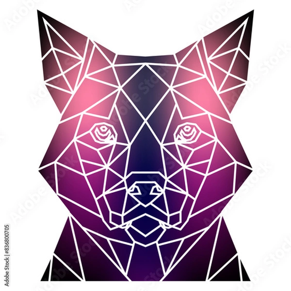 Obraz Stylized dog head a geometric style of triangles and different gradient colors with a white background, white lines. Vector art, sots art, low poly, cubo-futurism, sticker, cartoon avatar, animal logo