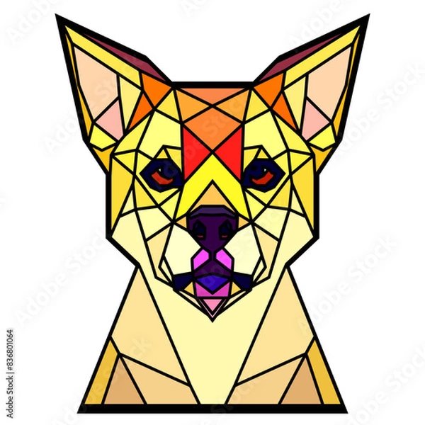 Obraz Dog head in a geometric style, black border, colored lines, polygon and triangle shapes. Vector art, sots art, low poly, cubo-futurism, sticker, cartoon avatar, animal logo surreal design, hologram