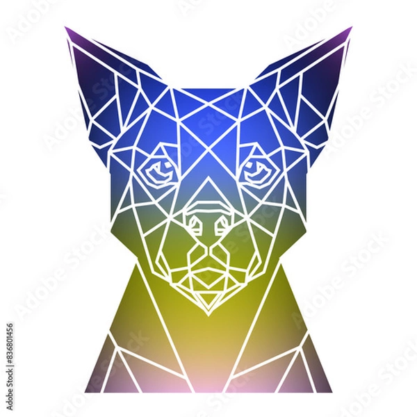 Obraz Stylized dog head a geometric style of triangles and different gradient colors with a white background, white lines. Vector art, sots art, low poly, cubo-futurism, sticker, cartoon avatar, animal logo