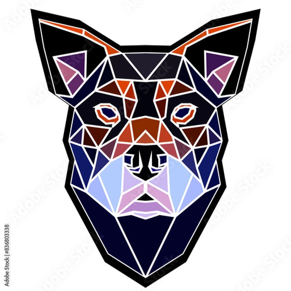 Obraz Dog head in a geometric style, black border, colored lines, polygon and triangle shapes. Vector art, sots art, low poly, cubo-futurism, sticker, cartoon avatar, animal logo surreal design, hologram