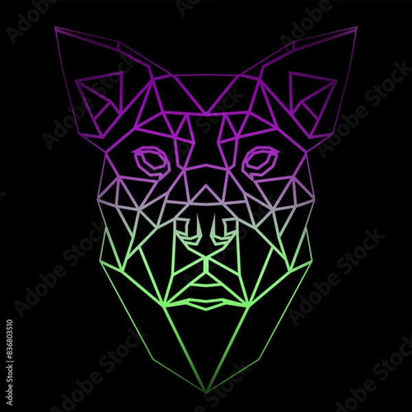 Obraz Colorful geometric dog head on a black background with a gradient lines, line drawing, neon lighting. Vector art, sots art, low poly, cubo-futurism, sticker, cartoon avatar, animal logo, surreal