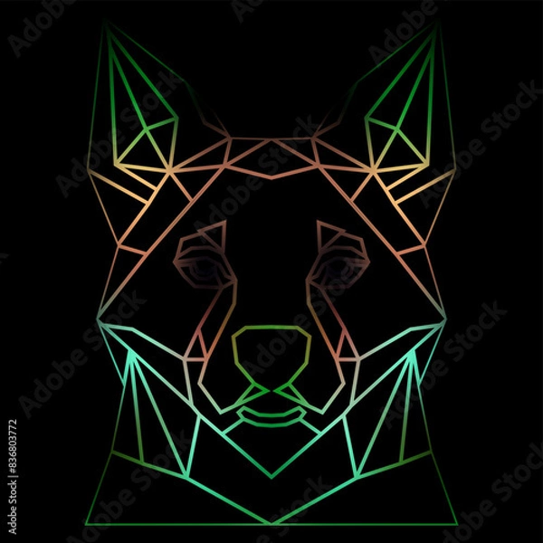 Obraz Colorful geometric dog head on a black background with a gradient lines, line drawing, neon lighting. Vector art, sots art, low poly, cubo-futurism, sticker, cartoon avatar, animal logo, surreal