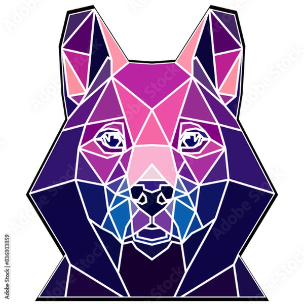 Obraz Dog head in a geometric style, black border, colored lines, polygon and triangle shapes. Vector art, sots art, low poly, cubo-futurism, sticker, cartoon avatar, animal logo surreal design, hologram