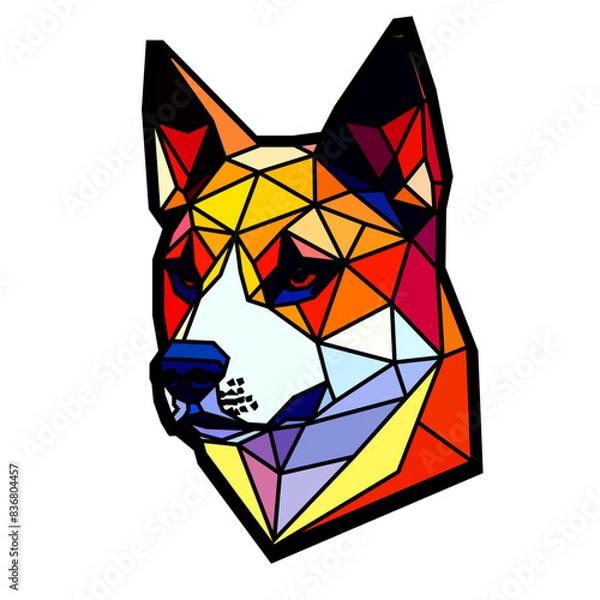 Obraz Dog head in a geometric style, black border, colored lines, polygon and triangle shapes. Vector art, sots art, low poly, cubo-futurism, sticker, cartoon avatar, animal logo surreal design, hologram